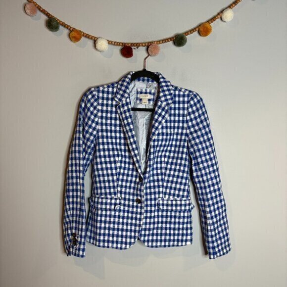 J. Crew blue and white gingham linen blend blazer jacket - Picture 1 of 5